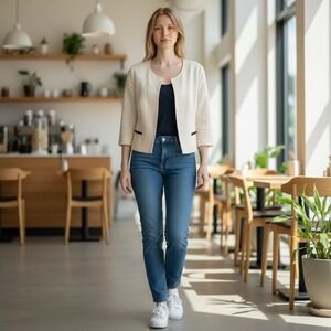 Solar Cropped Blazer Women 40 Cream Linen Blend Light Academia Collarless Summer
